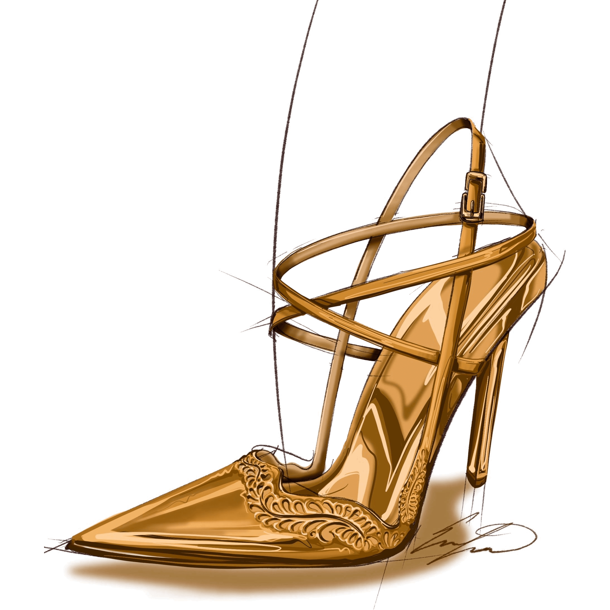 Gold crisscross pump rendering with engraved vamp, by Erin Lavigne